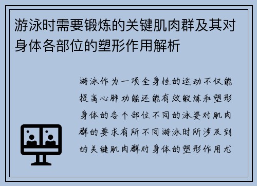 游泳时需要锻炼的关键肌肉群及其对身体各部位的塑形作用解析